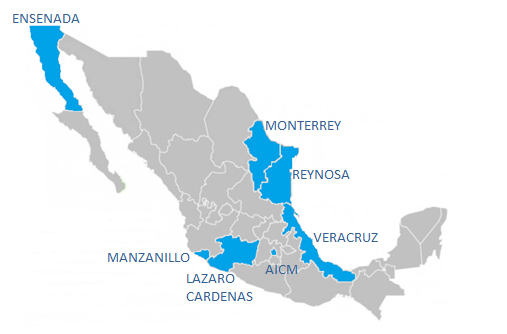 Ensenada, Monterrey, Reynosa, Veracruz, Manzanillo, Lazaro Cardenaz, AICM
